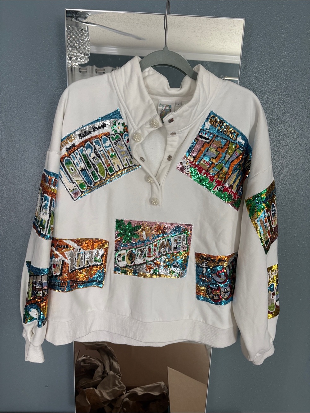 QUEEN OF SPARKLES White Pullover Hoodie with Multicolor Sequin Patches
